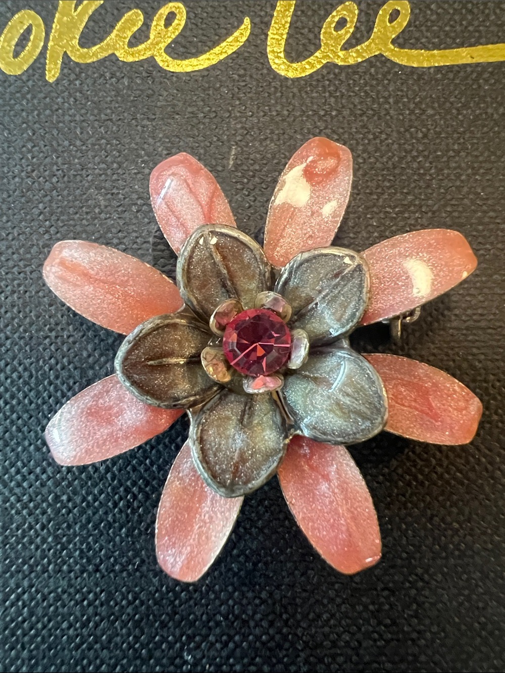 Vintage Enameled Pink Flower with Rhinestone Pin.  Vintage Cookie Lee. NWT